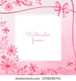 Watercolor pink background and decorative elements flowers, leaves, bows and ribbons, postcard template, place for text, vector illustration isolated