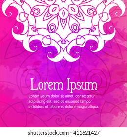 Watercolor pink background with mandala pattern. Grunge background with white ornament. Free place for your text. Vector illustration