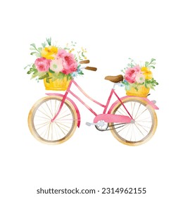 Aquarellrosa Fahrrad mit Blumenkorb