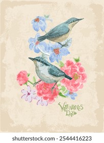 watercolor pink and blue flowers with couple of little birds against gangy paper background. vector watercolour painting card valentines day