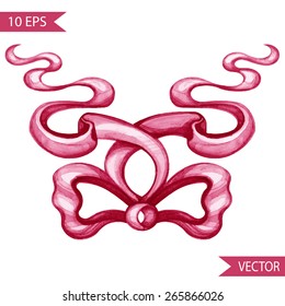 Watercolor pink bow background symbol. Hand painted watercolor illustration. Isolated on white background