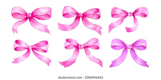 Watercolor pink bows collection png. Elegant pink satin ribbon bows on transparent watercolor background. Elements suitable for needlework, decor, collages, etc. Vector illustration.