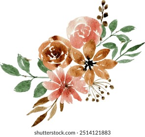 Watercolor Pink Brown Flower Arrangement. Watercolor Flower. Flower Bouquet. Wedding Flower Invitation.