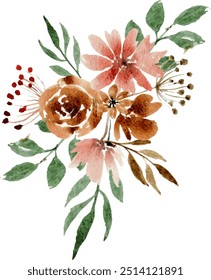 Watercolor Pink Brown Flower Arrangement. Watercolor Flower. Flower Bouquet. Wedding Flower Invitation.