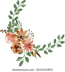 Watercolor Pink Brown Flower Arrangement. Watercolor Flower. Flower Bouquet. Wedding Flower Invitation.