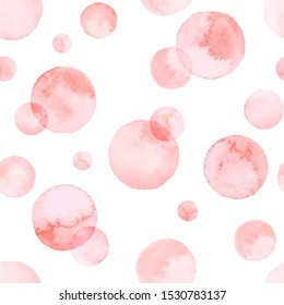 Watercolor pink bubbles seamless pattern. Hand drawn abstract background with circles in pastel colors. Vector illustration.