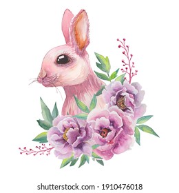 Watercolor pink bunny in pink peonies. 