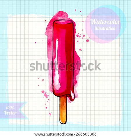 Watercolor pink cherry ice cream illustration isolated on white background. Hand drawn vector illustration.