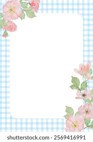 watercolor pink clair martin rose flower bouquet wreath frame blue plaid background with copy space