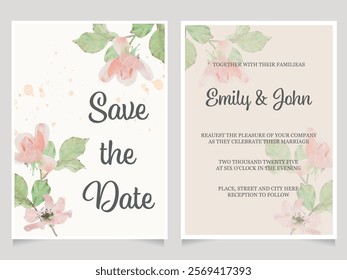 watercolor pink clair martin rose flower bouquet wreath frame  wedding invitation template