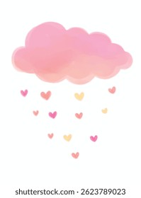 nuvem rosa de aquarela com chuva de coração bonito para decoração