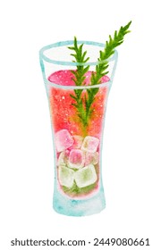Watercolor pink cocktail. Summer refreshing alcoholic drink with grapefruit, ice and rosemary