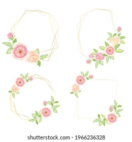 watercolor pink english rose flower bouquet with golden geometric wreath frame for banner or logo