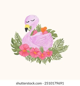 Watercolor pink flamingo with pink flower