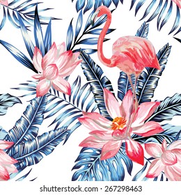 Watercolor pink flamingo and flower lotus on floral nature background. Trendy blue exotic tropic plant banana palm leaf, print wallpaper seamless vector pattern