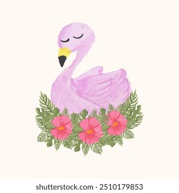 Watercolor pink flamingo with flowers and green leaves