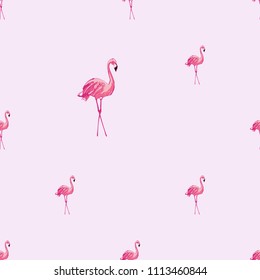 Watercolor pink flamingo pattern. Vector seamless background with standing pink flamingo bird. Colorful hand drawn illustration of tropical birds.