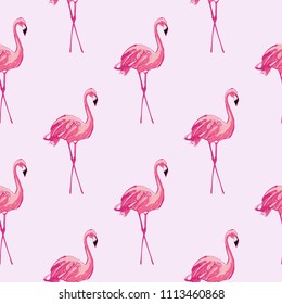 Watercolor pink flamingo pattern. Vector seamless background with standing pink flamingo bird. Colorful hand drawn illustration of tropical birds.
