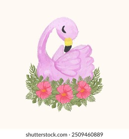 Watercolor pink flamingo with tropical flowers