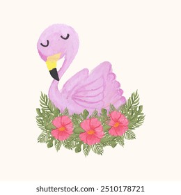 Watercolor pink flamingo with tropical flowers