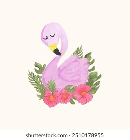 Watercolor pink flamingo with tropical flowers with jungle leaf