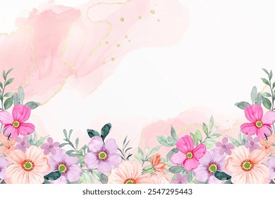 Watercolor pink floral border for wedding, birthday, card, background, invitation, wallpaper, sticker, decoration etc.