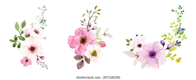 Watercolor pink floral bouquets set. Botanic composition watercolor hand-painted isolated on white background, suitable for card design, wedding, invitations, greeting, Save the date.