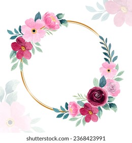 Watercolor pink floral gold circles for wedding, birthday, card, background, invitation, wallpaper, sticker, decoration etc.