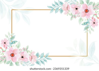 Watercolor pink floral gold frame for wedding, birthday, card, background, invitation, wallpaper, sticker, decoration etc.