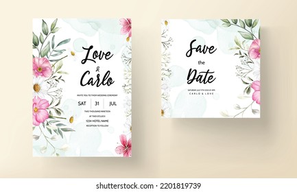 Watercolor pink floral invitation card template