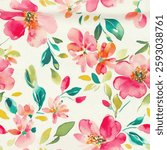 Watercolor pink floral pattern on a white background, watercolor flower seamless pattern. Watercolor print in rustic vintage style, textile or wallpapers.