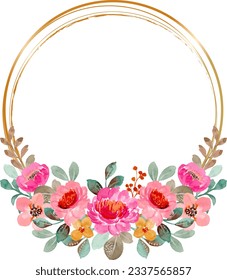 Watercolor pink floral wreath with gold circles for wedding, birthday, card, background, invitation, wallpaper, sticker, decoration etc.