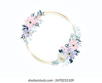 Watercolor pink floral wreath with golden circle. Watercolor floral wreath with golden color circle. Beautiful floral frame with golden and geometric circles with rose flower illustration.