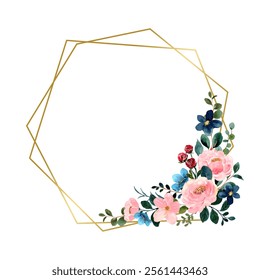 Watercolor pink floral wreath with golden circle. Watercolor floral wreath with golden color circle. Beautiful floral frame with golden and geometric
