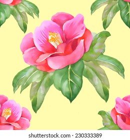 Watercolor pink flower seamless pattern on yellow background vector illustration
