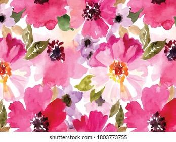 watercolor pink flowers background pattern.