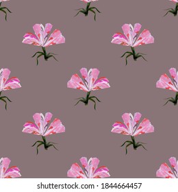 Watercolor pink flowers on a light brown background. Vintage vector pattern of botanical motives. New textures for fashionable prints.