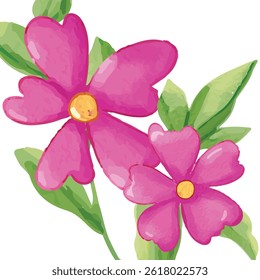 Watercolor Pink Flowers with Yellow Centers and Green Leaves EPS