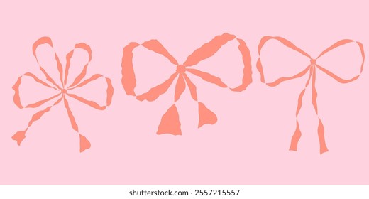 Watercolor pink girly vintage bow background. Bow for hair decor flat. Ribbons isolated. Trendy girls accessories. Cute hairstyle elements collection