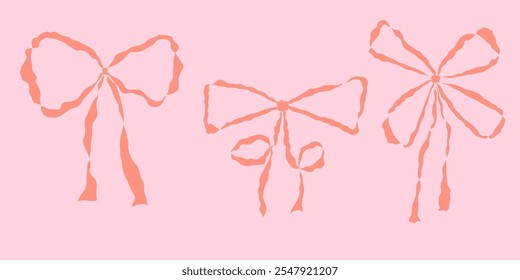 Watercolor pink girly vintage bows set. Bow for hair decor flat. Ribbons isolated. Trendy girls accessories. Cute hairstyle elements collection