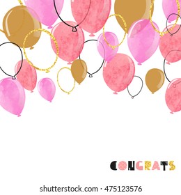 Watercolor Pink And Glittering Gold Balloon. Vector Celebration Background. 