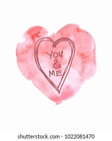 Watercolor pink hand drawn paper texture isolated heart on white background for text design, label, valentines day. Abstract aquarelle fade color wet brush paint romantic element for card