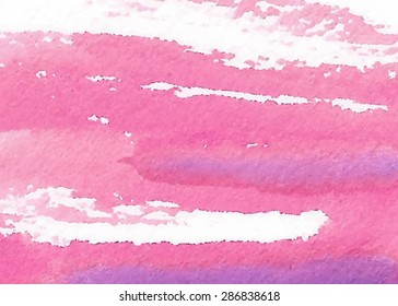 Watercolor pink hand drawn strokes paper texture on white background. Wet brush painted smudges and splash abstract vector striped illustration. Design water element for banner, print, template, web 