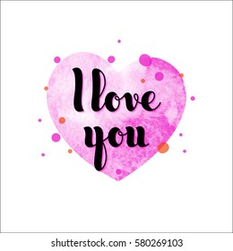 Watercolor pink heart with inscription Love in hand-writing style. Vector illustration.