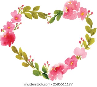 watercolor pink heart shape flower frame