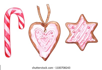 Watercolor pink heart shaped six-pointed star ginger biscuit candy cane lollipop isolated vector set