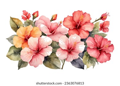 watercolor pink hibiscus flowers bouquet elemt set isolated on white background