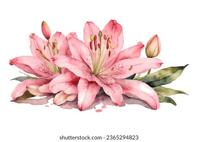 watercolor pink lily flower element set isolated on white background