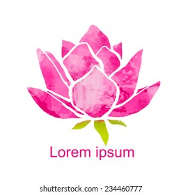 Watercolor pink lotus flower icon isolated on white background. Art logo design