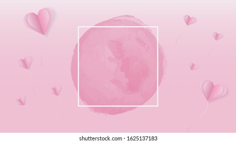 Watercolor Pink love shaped paper floating with frame and gradient background. happy mother's day with a symbol of love. for greeting cards, banners, wedding invitations. editable EPS 10 vector
